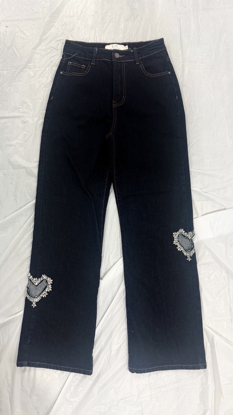 Lizette Collection Wide Leg Stretch Heart Cutout Jeans M Rinse Blue Rhinestone